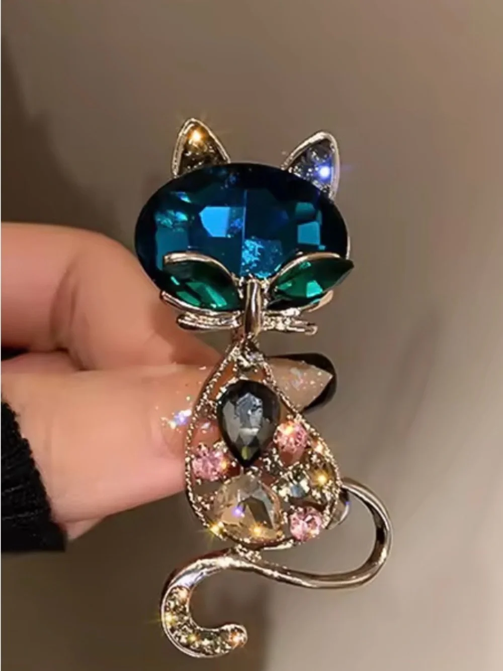 Gold tone Cat Brooch with Blue and Green Crystals - Elegant Pet-Inspired Jewelry